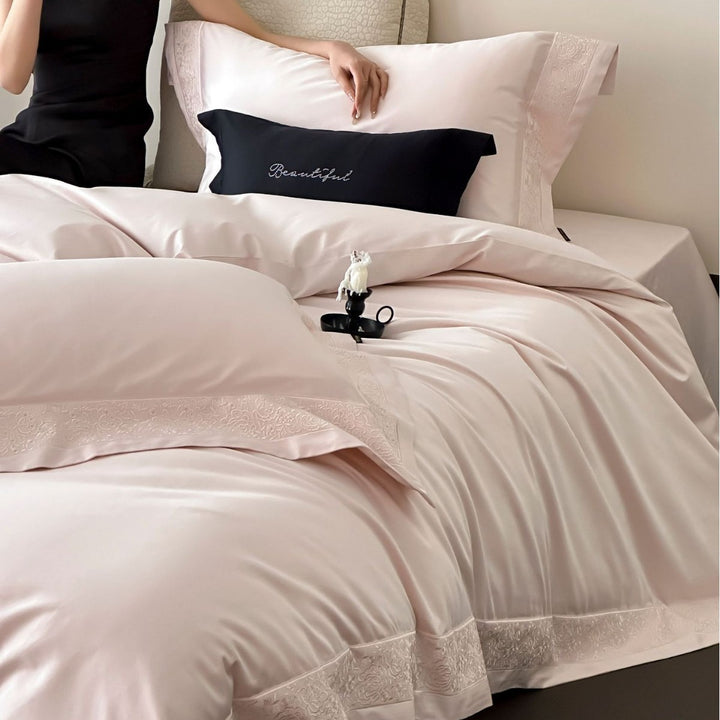 Luxury Satin-Feel Reversible Duvet Cover Set with Embroidered Hem and Pillow Shams