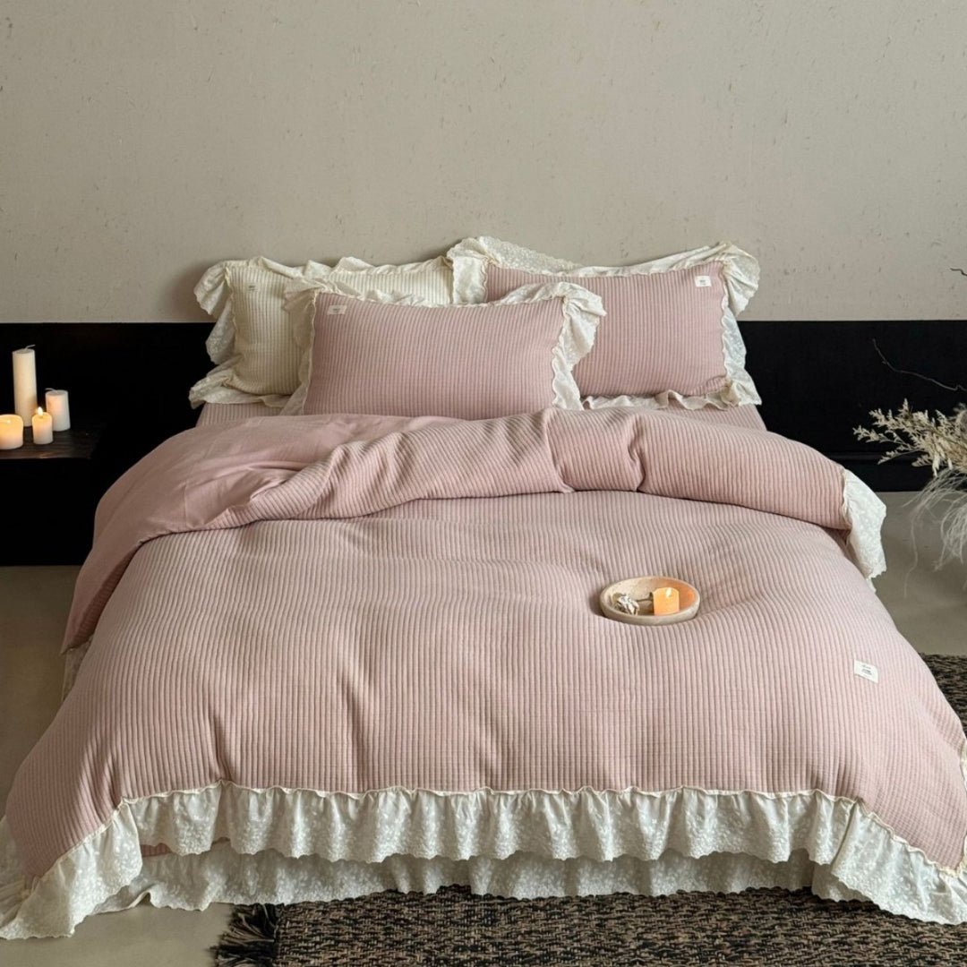 Ruffled Lace Trim Ribbed Duvet Cover Set