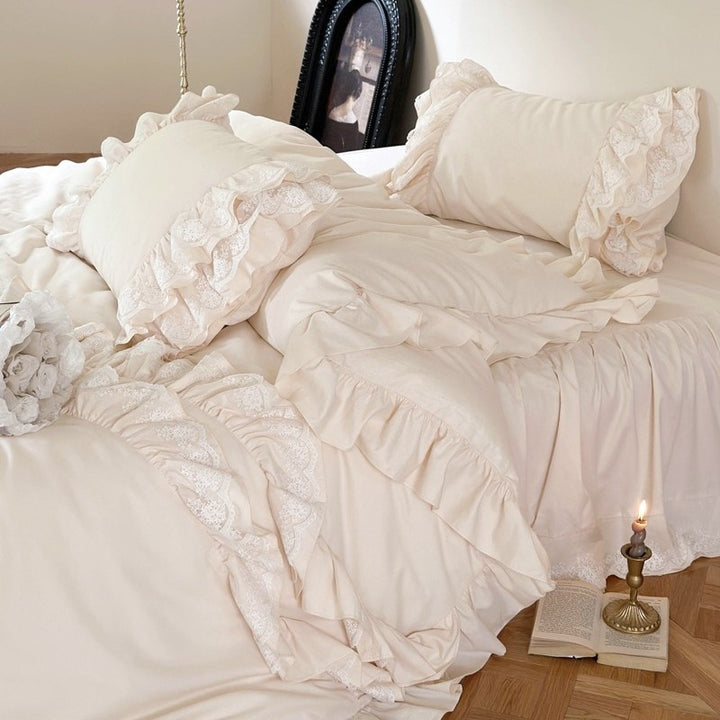 Vintage-inspired bedding set with ruffle trim and lace detailing