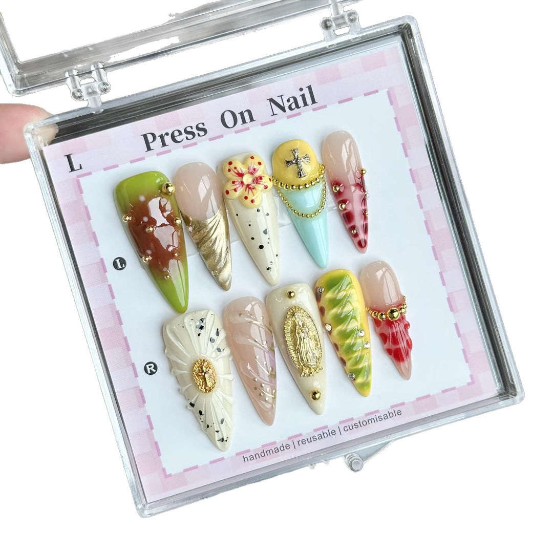 Artistic Press-On Nail Set with Floral and Green Accents