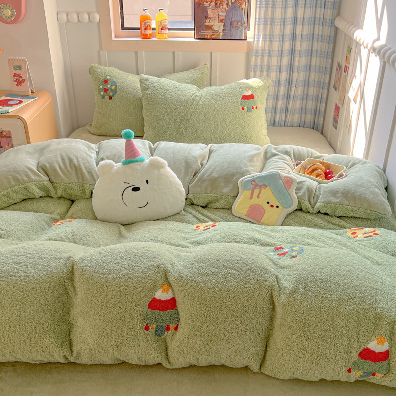 Plush Sherpa Reversible Comforter and Pillowcase Set with Kawaii Embroidered Motif