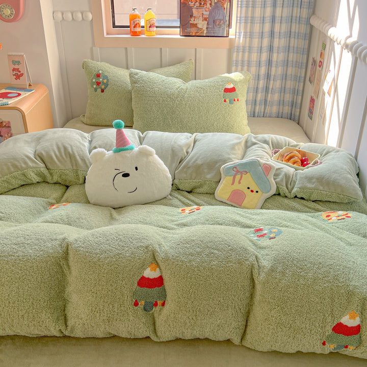 Plush Sherpa Reversible Comforter and Pillowcase Set with Kawaii Embroidered Motif