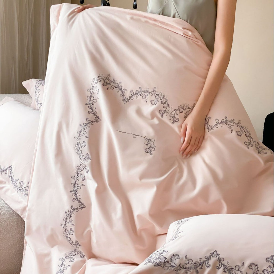 Embroidered Cotton Sateen Duvet Cover Set with Decorative Shams and Pillowcases