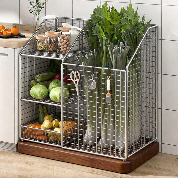 Vertical Mesh Countertop Produce and Pantry Organizer with Two-Tier Shelf and Tall Herb Compartment