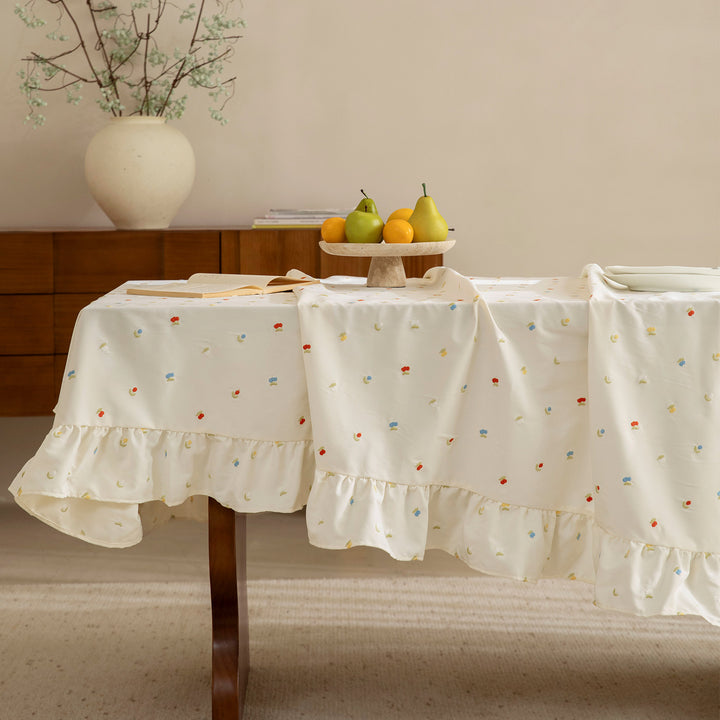Tablecloth with embroidered mini flower pattern and ruffled edge Stornfield