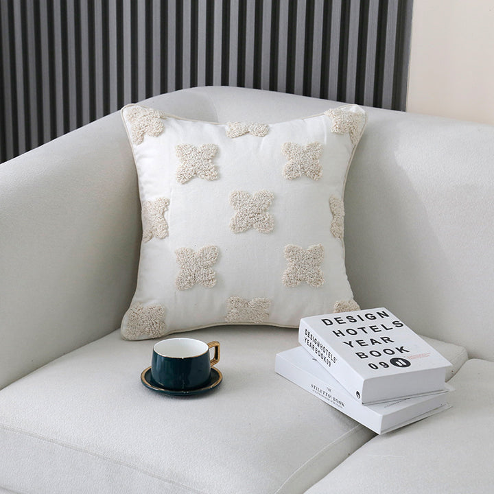 Handcrafted Boho Tufted Cotton Square Cushion Cover with Fringe Tassel Corners and Raised X Texture