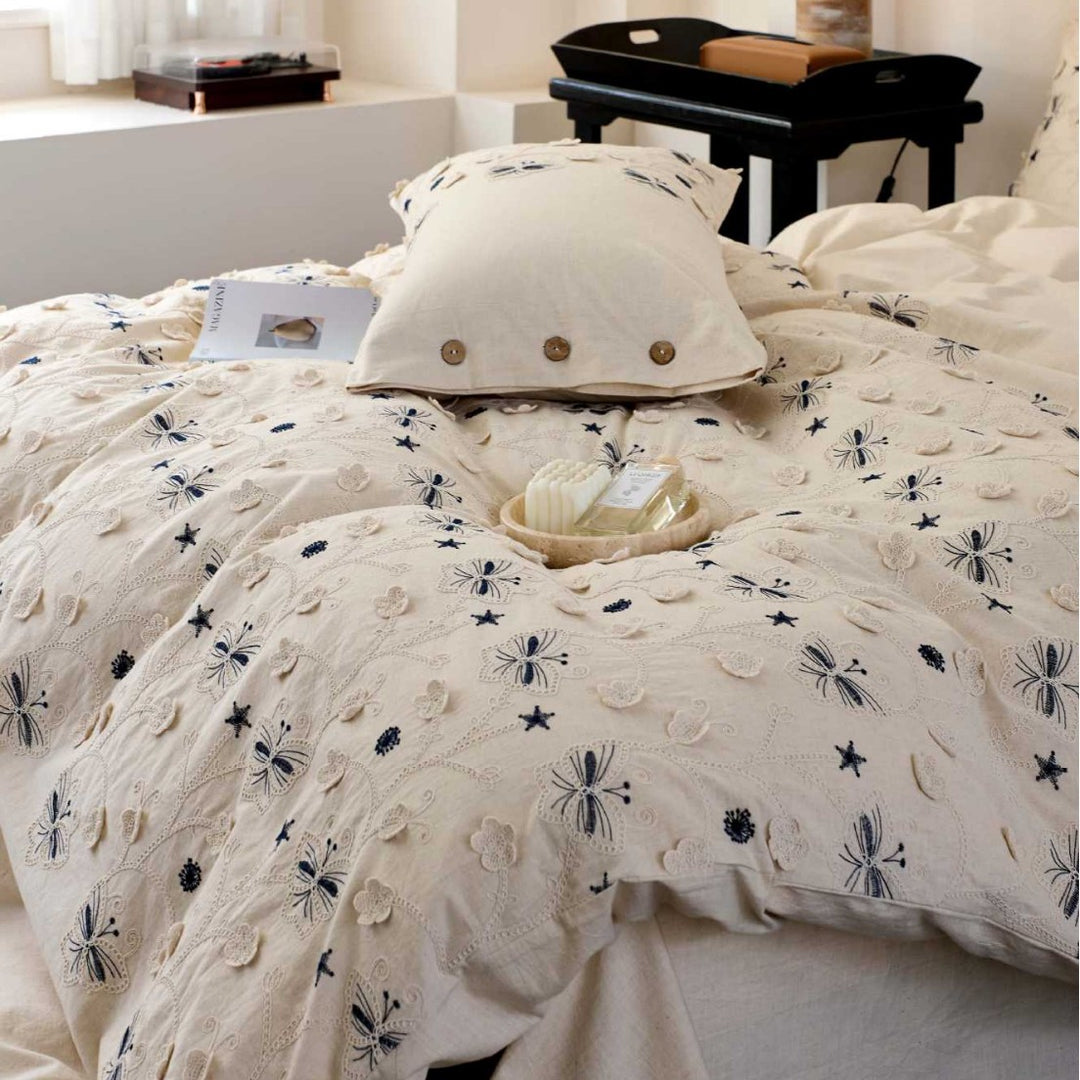Embroidered Linen-Cotton Butterfly Duvet Cover Set with Button Closure and Decorative Pillowcases