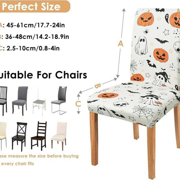 Stretch chair cover with autumn pumpkin and leaf motif