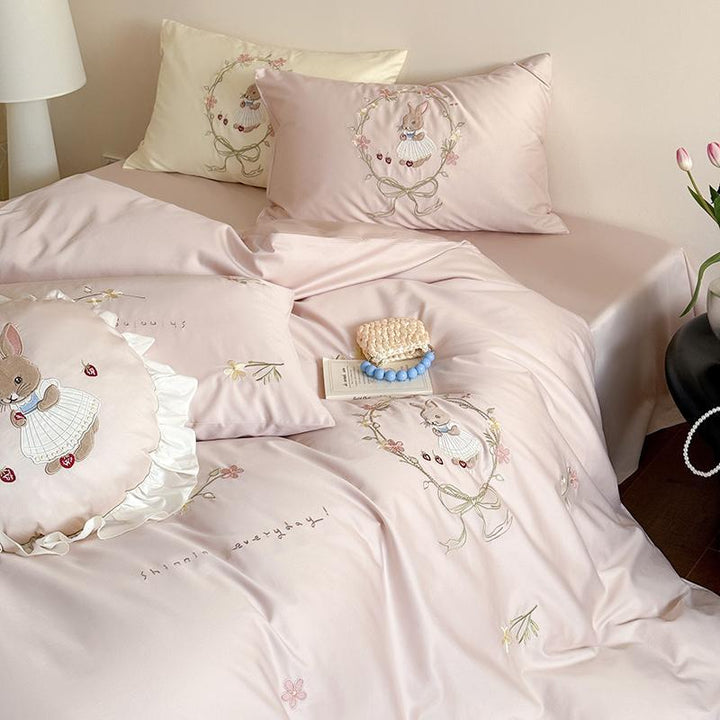 Embroidered satin bedding set with cute bunny motif