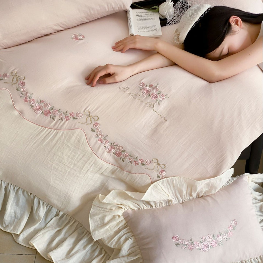 Deluxe Cotton Sateen Floral Embroidery Duvet Cover Set with Ruffled Bedskirt & Oxford Shams