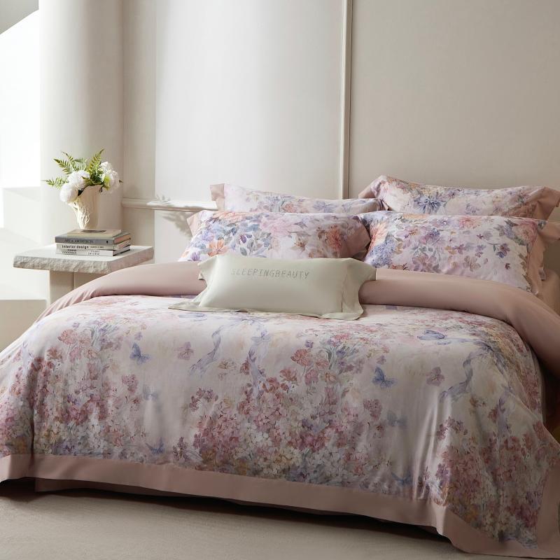 Luxury Floral Cotton Sateen Duvet Cover Set with Contrast Hem and Pillow Shams