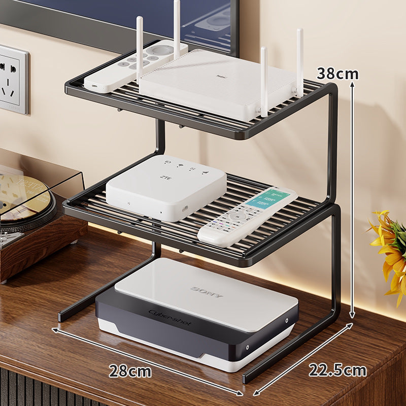 Two-Tier Ventilated Metal Electronics Organizer Shelf for Routers, Set-Top Boxes and Remotes