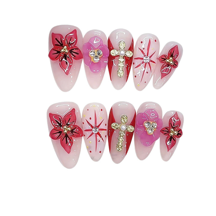 Artistic Floral and Gemstone-Embellished Press-On Nails Stornfield