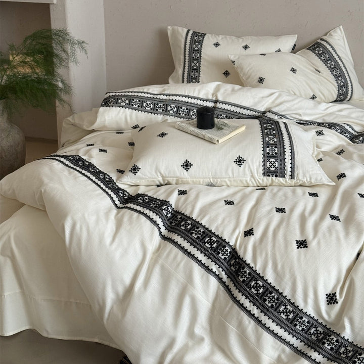 Hand-Embroidered Bohemian Cotton-Linen Duvet Cover Set with Decorative Border and Envelope Shams