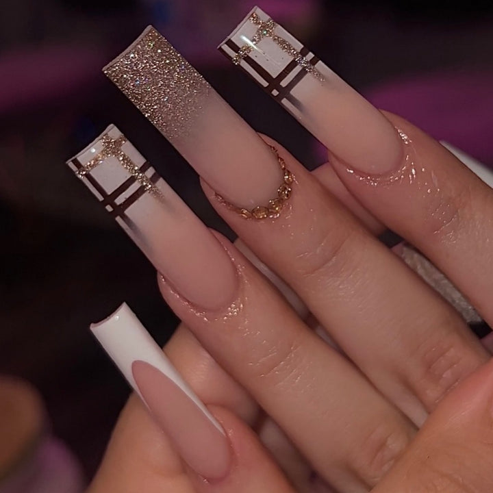 Decorative Long Coffin Nail Extensions with Glitter Accents Stornfield