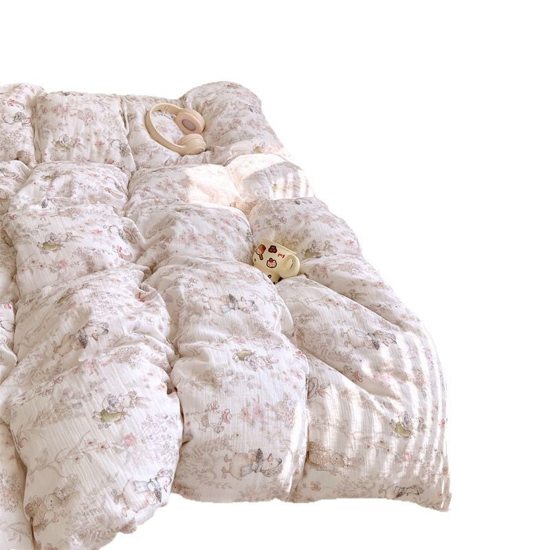 Cotton Gauze Quilted Duvet Cover and Pillowcase Set with Vintage Floral Bunny Print