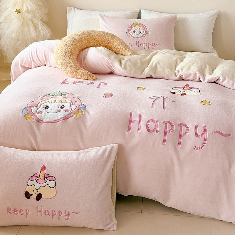 Plush Embroidered Duvet Cover Set with Rabbit Appliqué & Decorative Pillow Shams