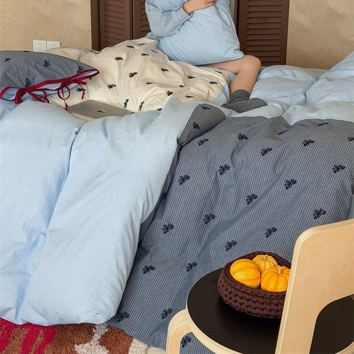 Bed linen - bedding set made of cotton with fine stripe and animal embroidery motif Stornfield