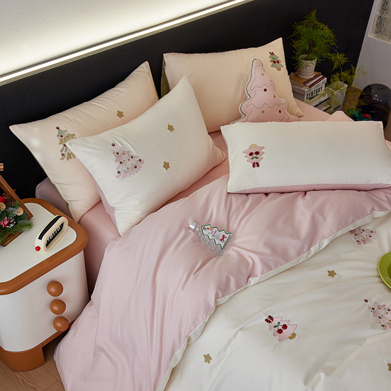 Luxurious cotton bedding set with cherry embroidery and reversible design
