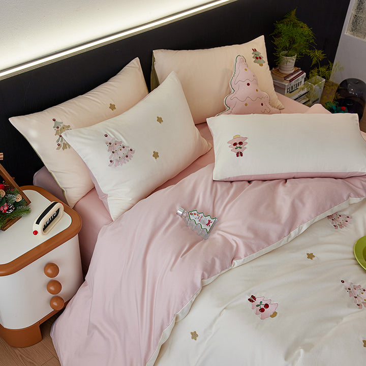 Luxurious cotton bedding set with cherry embroidery and reversible design