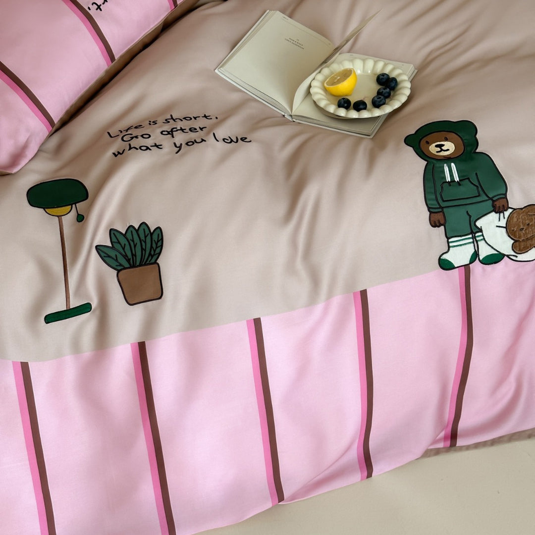 Cozy cotton satin bed set with striped texture and playful bear illustrations