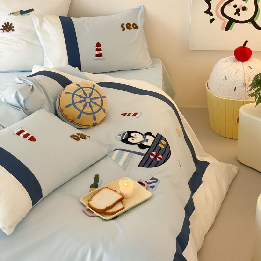 Children's Nautical Embroidered Cotton Duvet Cover Set