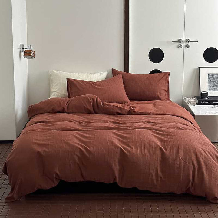 Washed Percale Cotton Duvet Cover Set with Subtle Wavy Texture and Envelope Closure