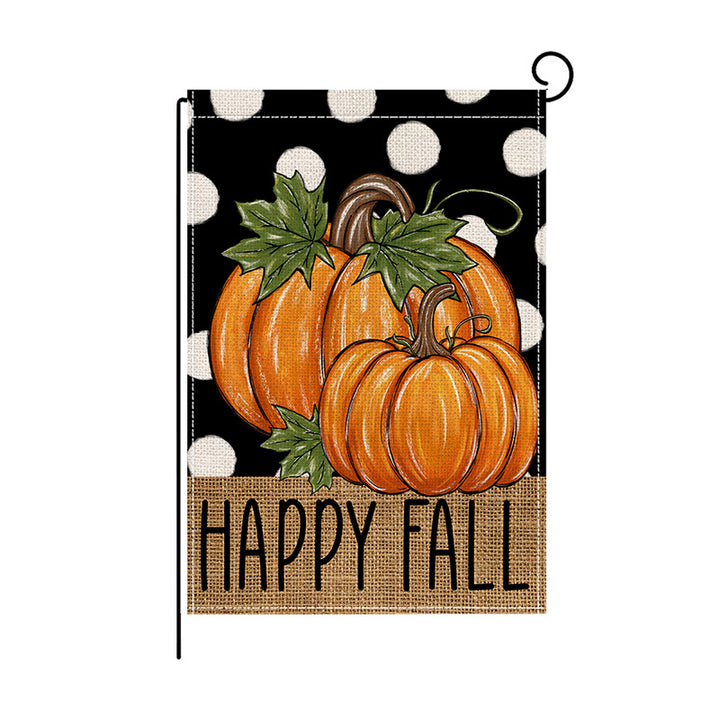 Double-Sided Burlap-Texture Autumn Garden Flag with Hand-Illustrated Pumpkins and 'Happy Fall' Typography