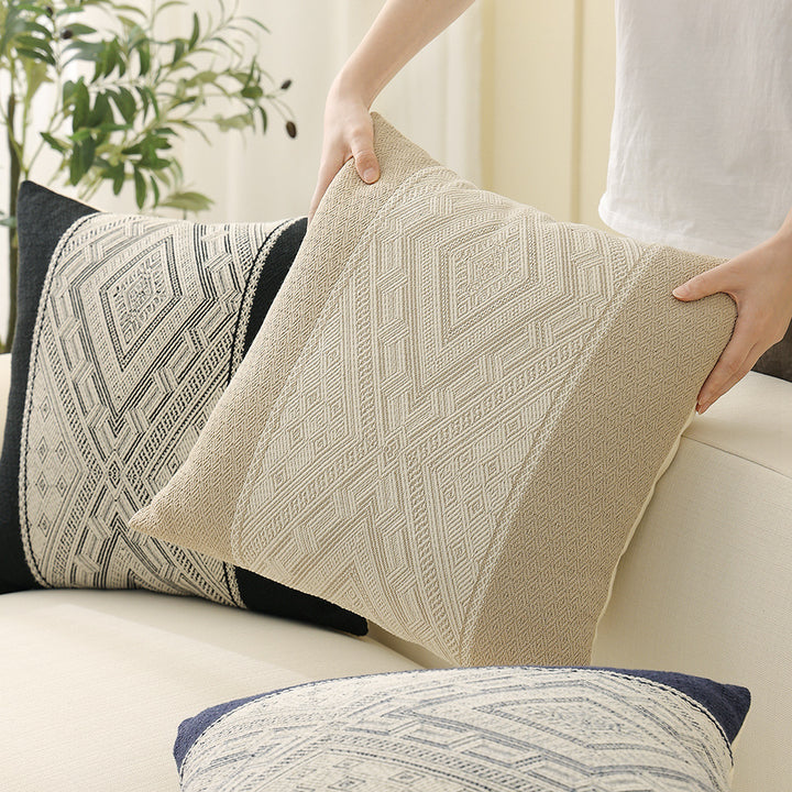Square woven decorative cushion cover with central ethnic jacquard stripe and textured cotton blend