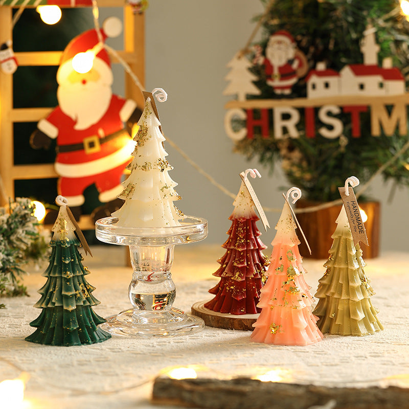 Festive Layered Pine-Needle Textured Decorative Tabletop Wax Tree Candle