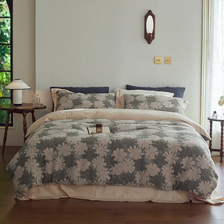 Quilted Botanical Cotton-Linen Comforter Set with Textured Floral Matelassé and Envelope Pillow Shams
