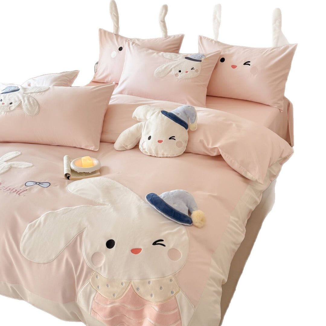 Cute Bunny Embroidered Cotton Sateen Duvet Cover Set with Plush Appliqué & Ear Pillow Shams