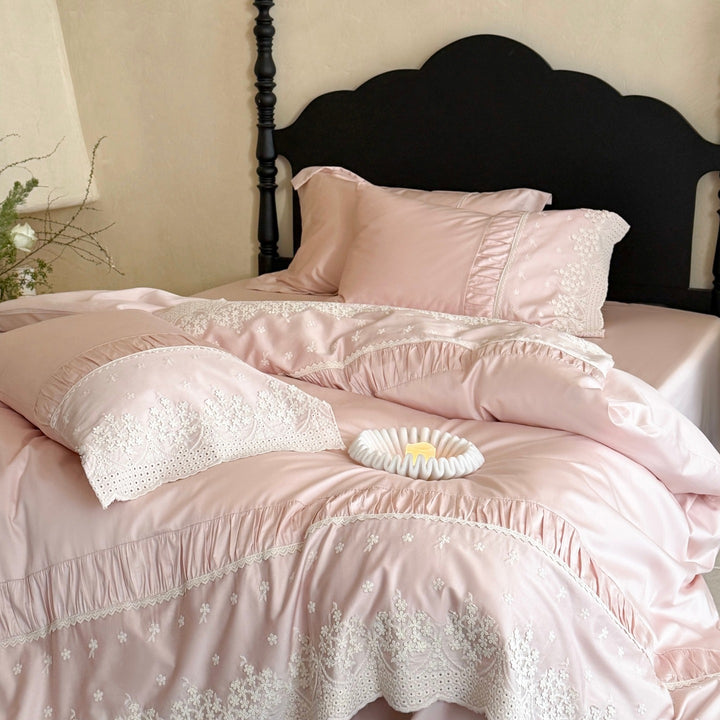 Embroidered Ruffle Lace Duvet Cover Set