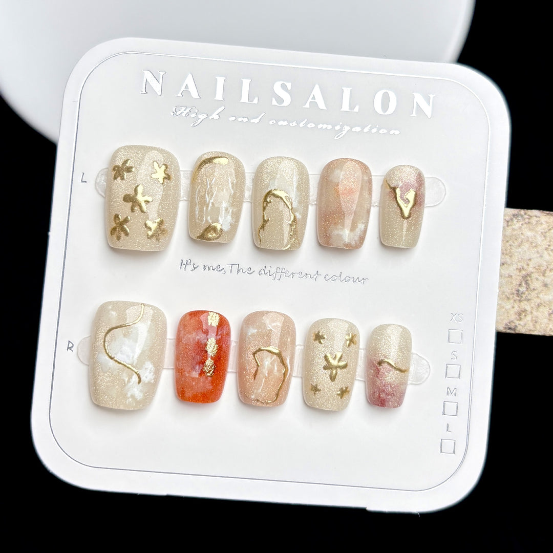 Artistic Glittery Press-On Nail Art Set with Gold Accents