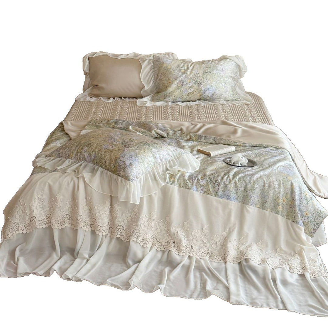 Lace-Trim Romantic Layered Bedspread Set with Ruffled Bed Skirt and Floral Pillow Shams