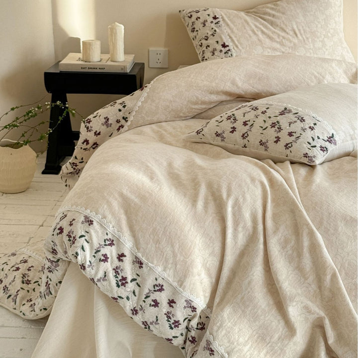 Floral-Trim Cotton Sateen Duvet Cover Set with Lace Edge