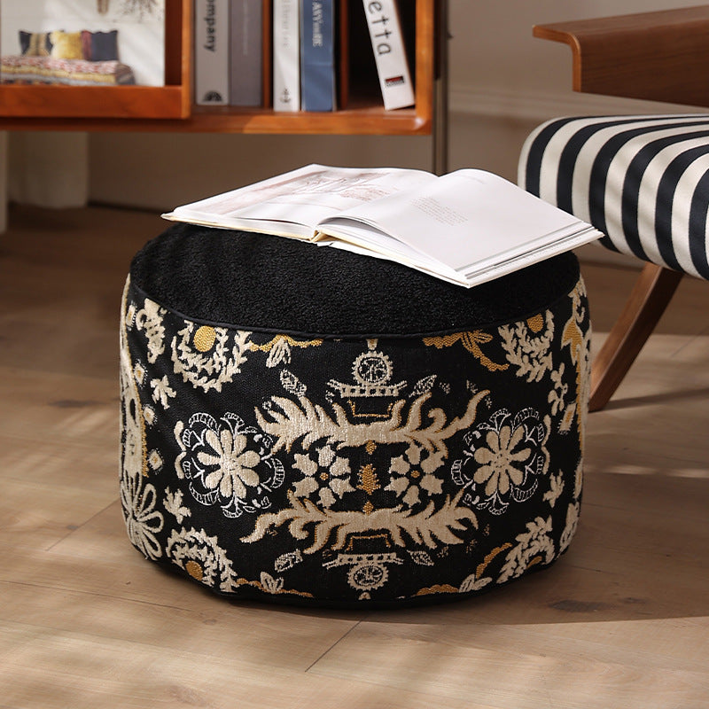 Seat pouf with quilted teddy cover and floral jacquard trim