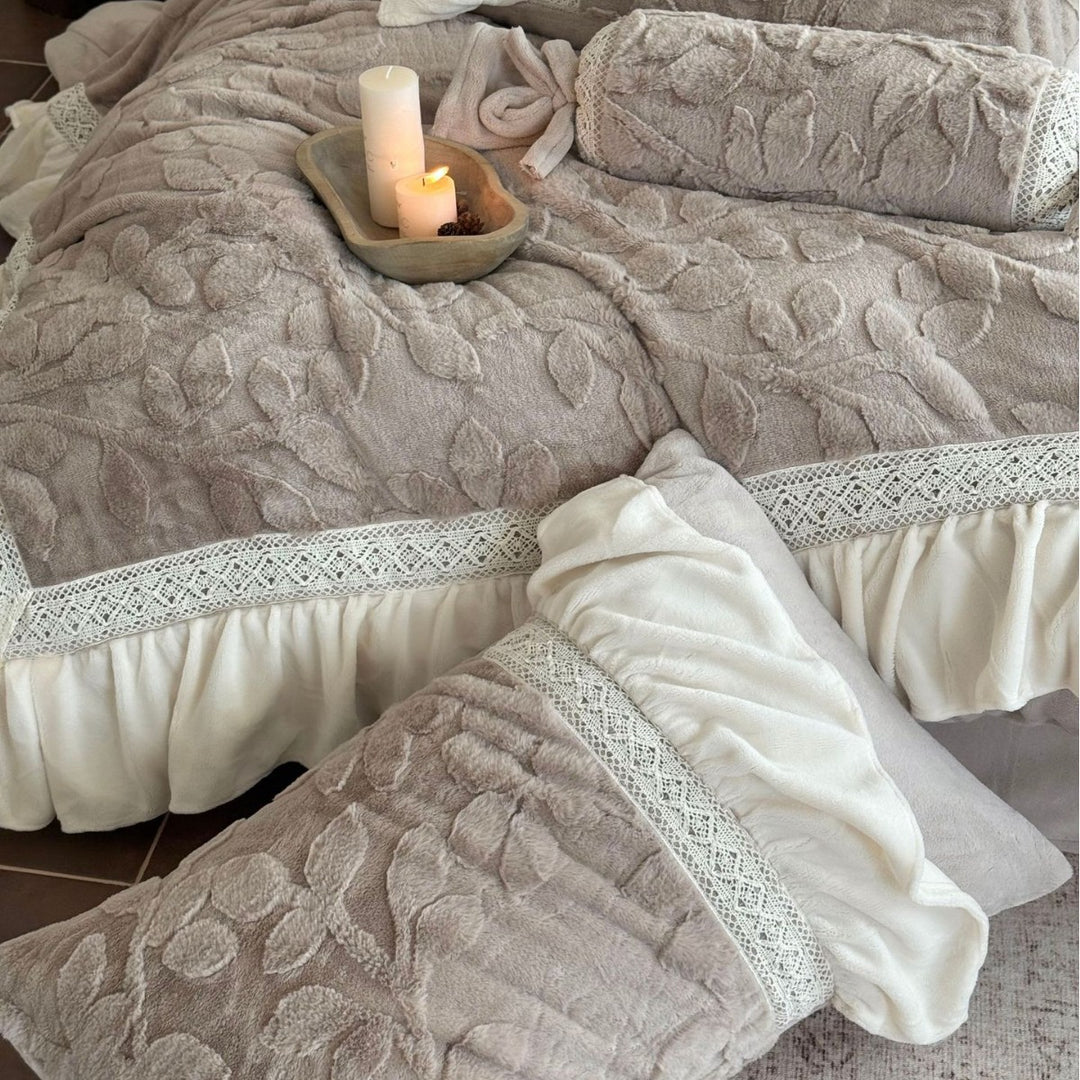 Embossed Floral Quilted Duvet Cover Set with Ruffled Skirt Lace-Trim & Bolster Pillow