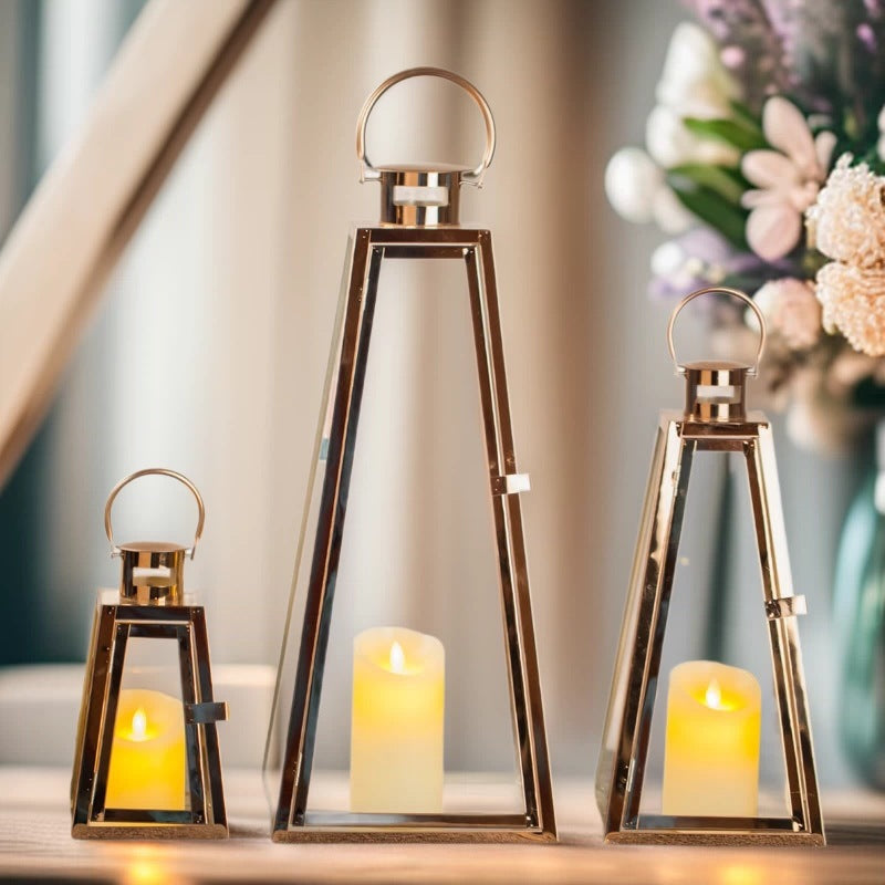 Modern Triangular Glass Candle Lantern Set with Gold Metal Frame Stornfield