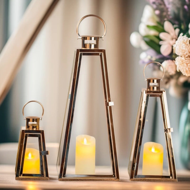 Modern Triangular Glass Candle Lantern Set with Gold Metal Frame Stornfield