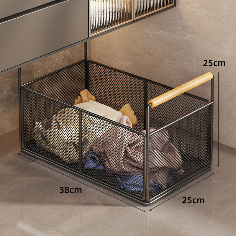 Large Rectangular Metal Mesh Utility Basket with Wooden Handle