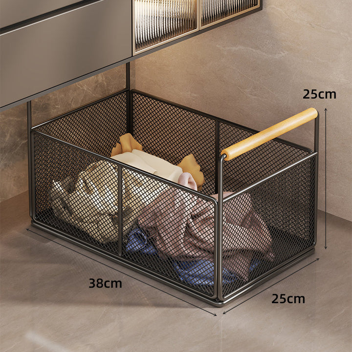Large Rectangular Metal Mesh Utility Basket with Wooden Handle
