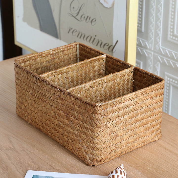 Unisex storage basket with three compartments made of handwoven natural material Stornfield