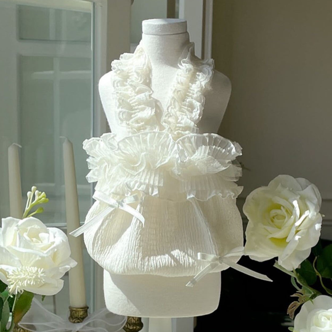 Infant Ruffle-Strap Textured Romper Dress with Organza Trim & Satin s