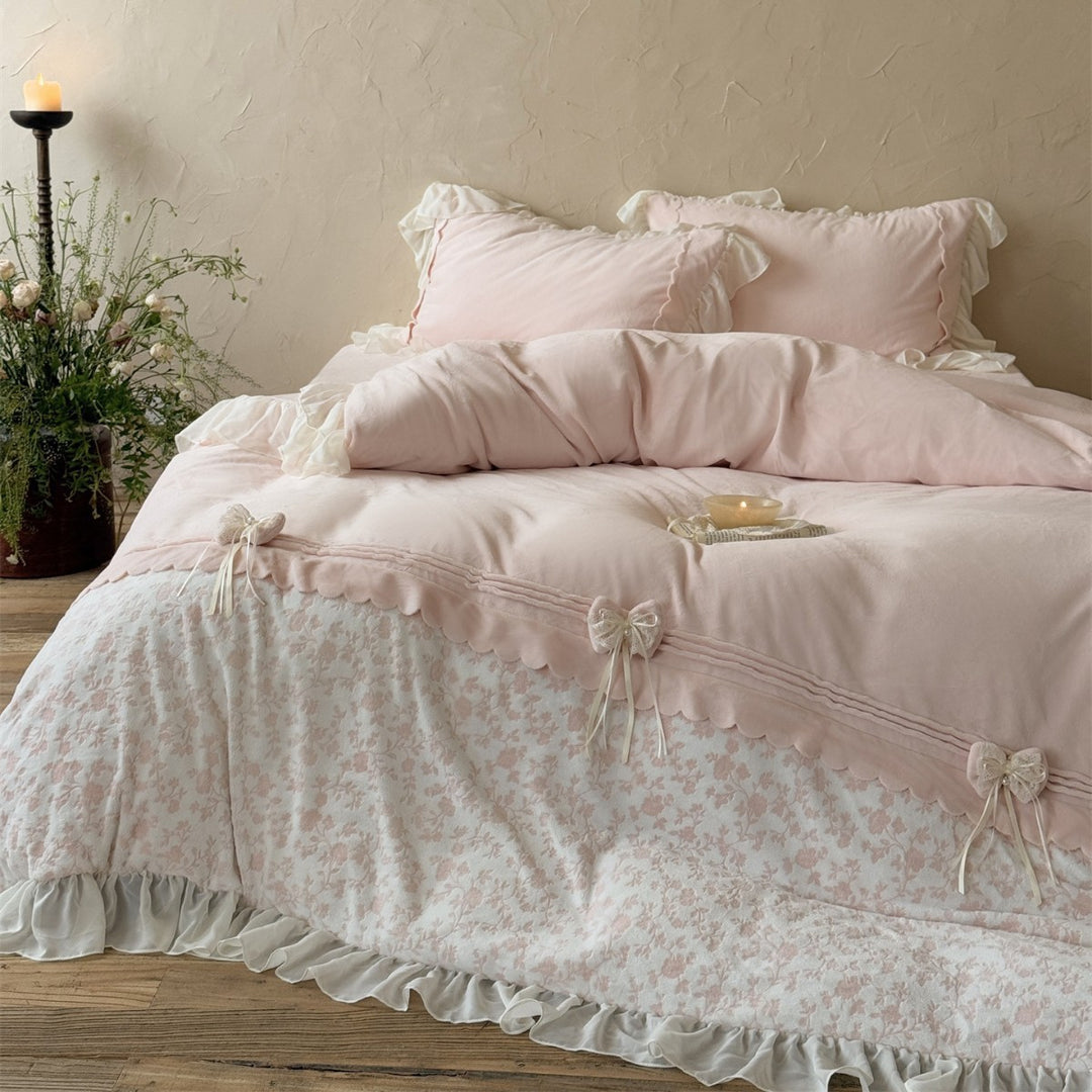 Ruffled Floral Cotton Duvet Cover Set with Sheer Ruffle Bedskirt & Decorative Tie-Bows
