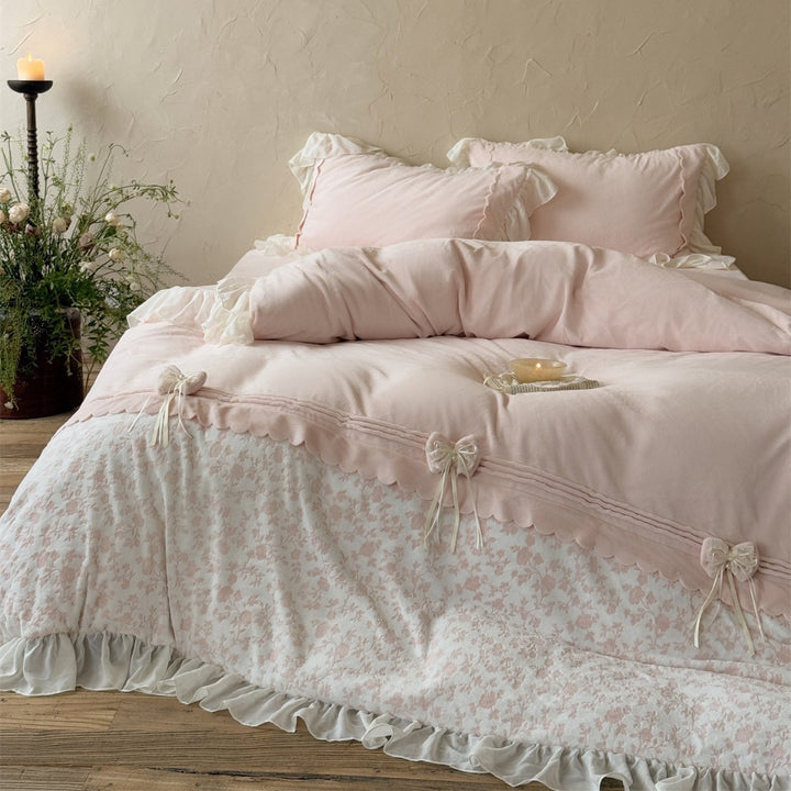 Ruffled Floral Cotton Duvet Cover Set with Sheer Ruffle Bedskirt & Decorative Tie-Bows