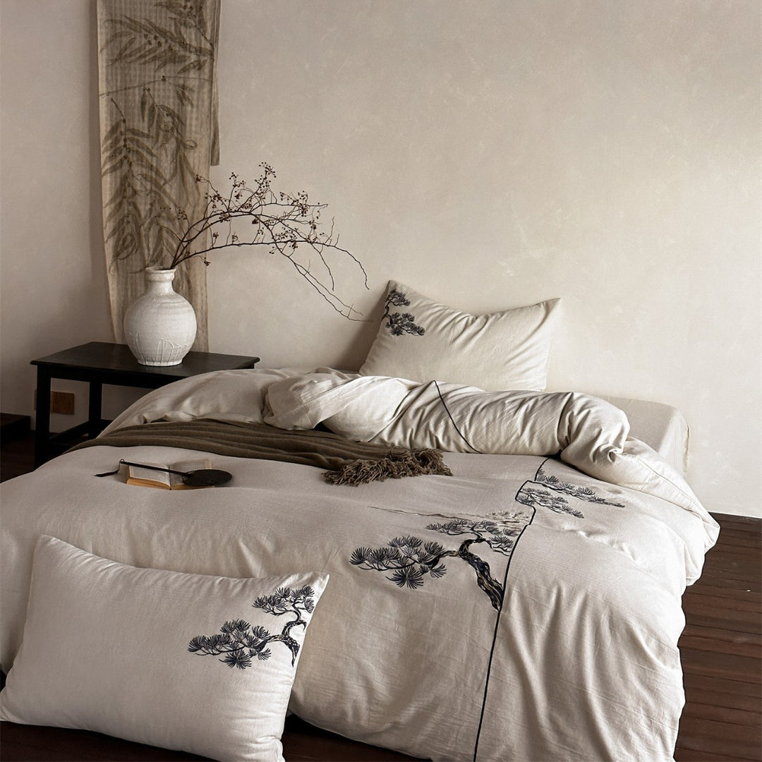 Embroidered Linen-Blend Duvet Cover Set with Botanical Pine Tree Motif