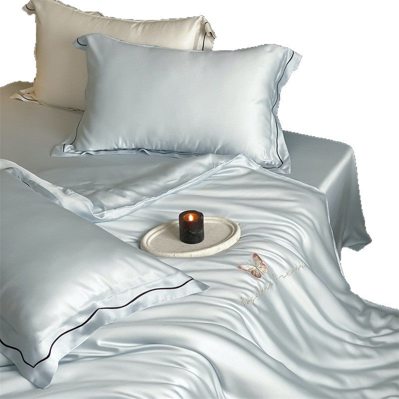 Elegant Satin Bedding Set with Fine Piping and Embroidered Butterfly