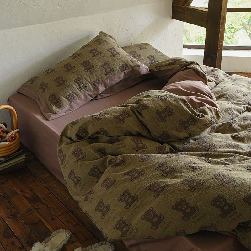 Teddy-Motif Washed Cotton Percale Duvet Cover Ensemble