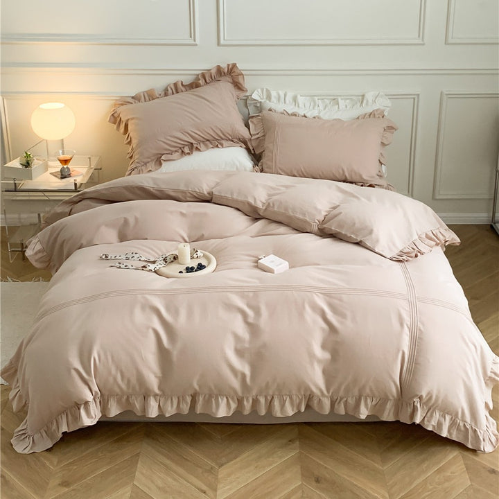 Ruffled Luxury Cotton Duvet Cover Set with Pintuck & Frilled Edges